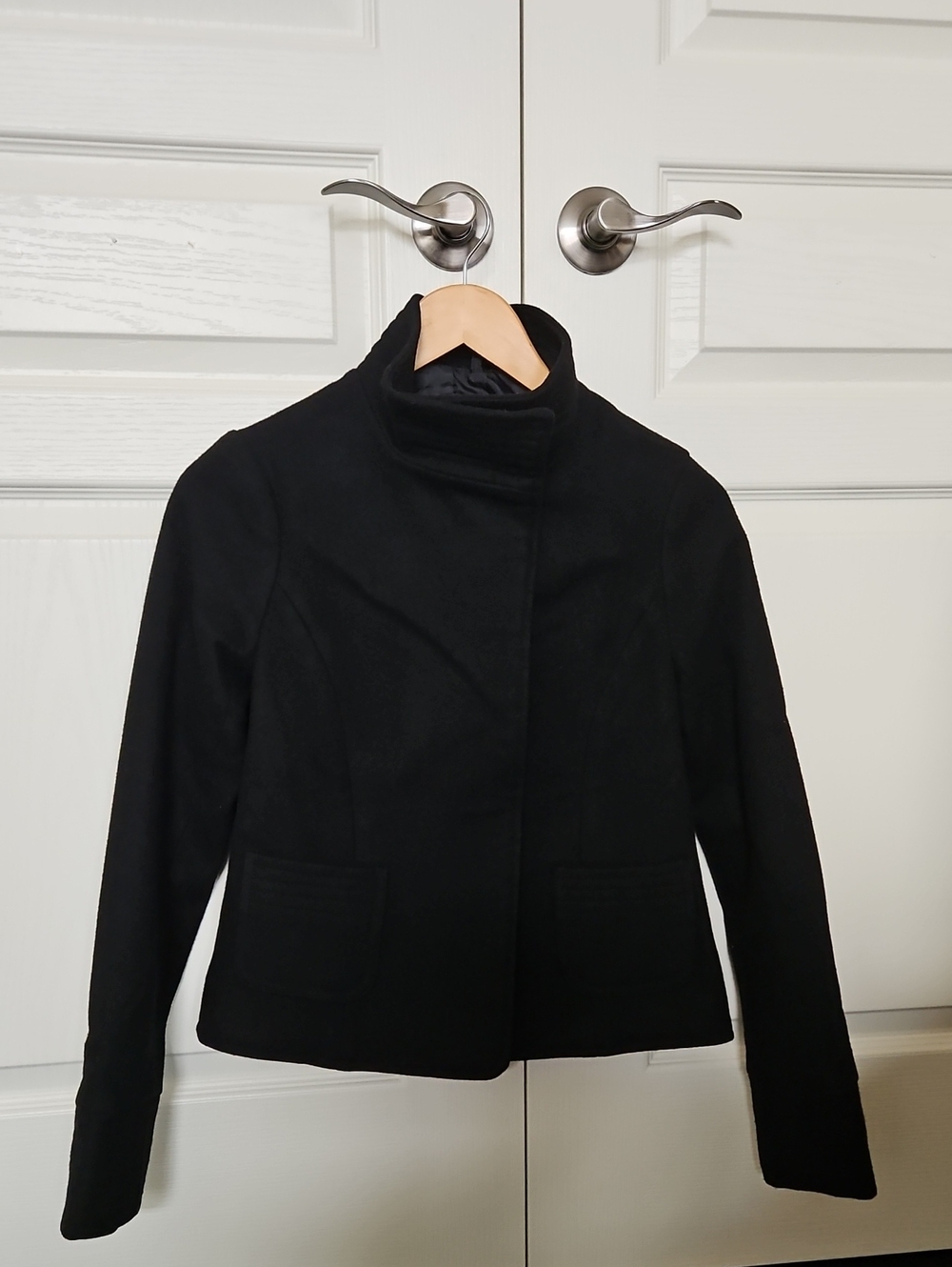 Old Navy Black Wool Blend Cropped Funnel-Neck Pea Coat-XS